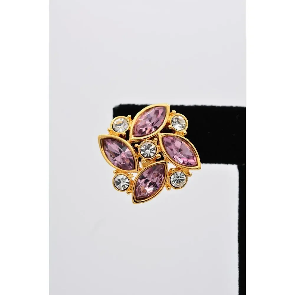 Monet Vintage Crystal Clip On Earrings Lavender Rhinestone Gold Signed 1980s 9E